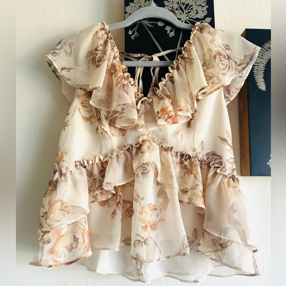 NWT Parker Floral Ruffle Peplum Blouse - Cream